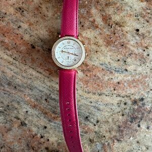 MICHAEL KORS Hot Pink Leather Strap Watch with Gold Crystal Bezel